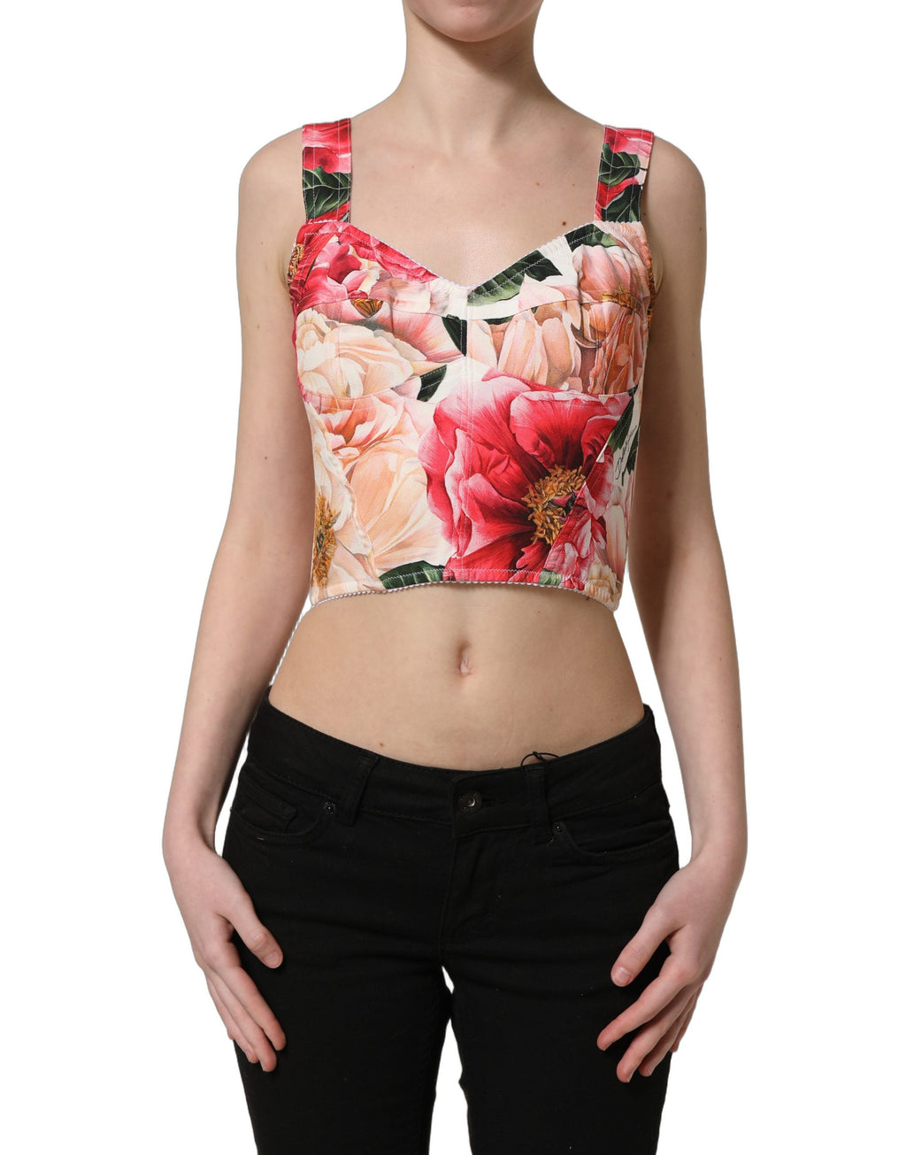 Haut court bustier à fleurs multicolores de Dolce & Gabbana, tissu léger et coupe ajustée, motif floral vibrant.
