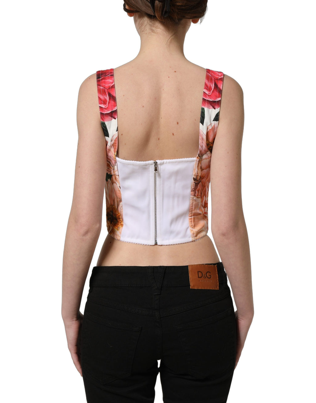 Top bustier court Dolce & Gabbana à fleurs multicolores, style crop, en tissu léger et élégant.