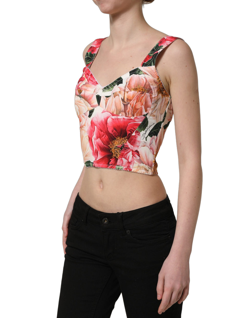Top court Dolce & Gabbana à fleurs multicolores, sans manches, coupe courte, en tissu léger.