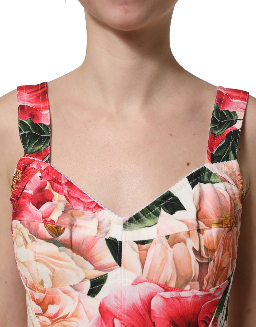Top bustier court à fleurs multicolores Dolce & Gabbana, motif floral coloré et design cropped, vue de face.