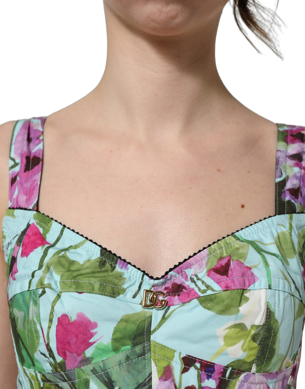 Tank top court en coton Dolce & Gabbana à fleurs multicolores et coupe bustier, avec design floral coloré.