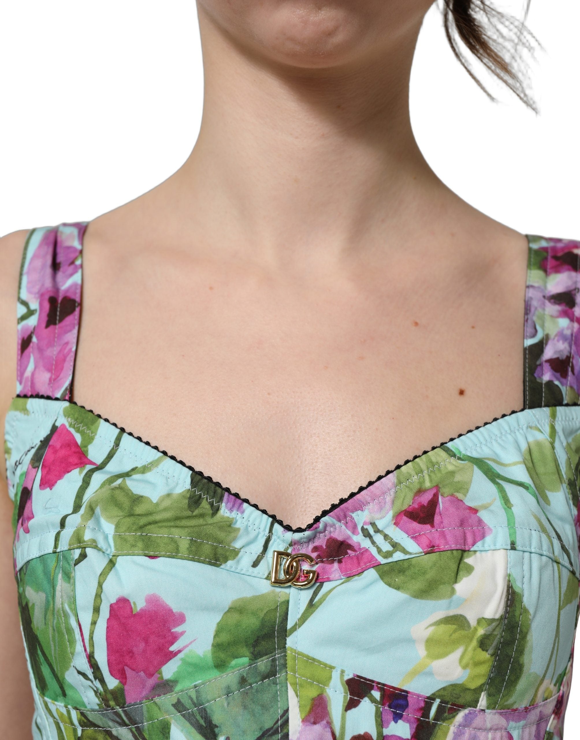 Tank top court en coton Dolce & Gabbana à fleurs multicolores et coupe bustier, avec design floral coloré.