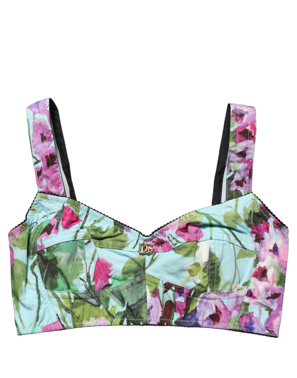 Top bustier court à fleurs multicolores Dolce & Gabbana, crop top floral pour un style féminin et tendance.