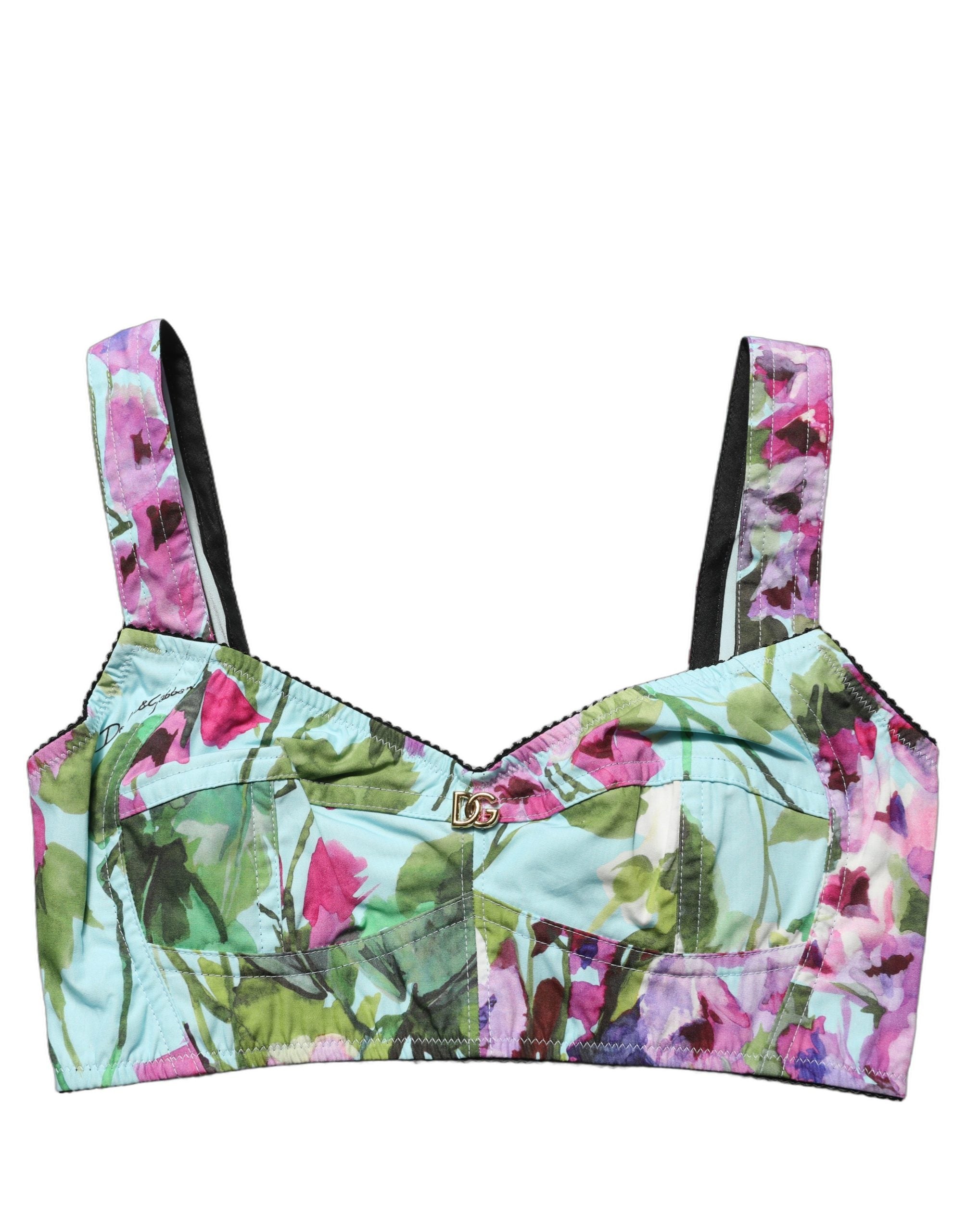 Top bustier court à fleurs multicolores Dolce & Gabbana, crop top floral pour un style féminin et tendance.