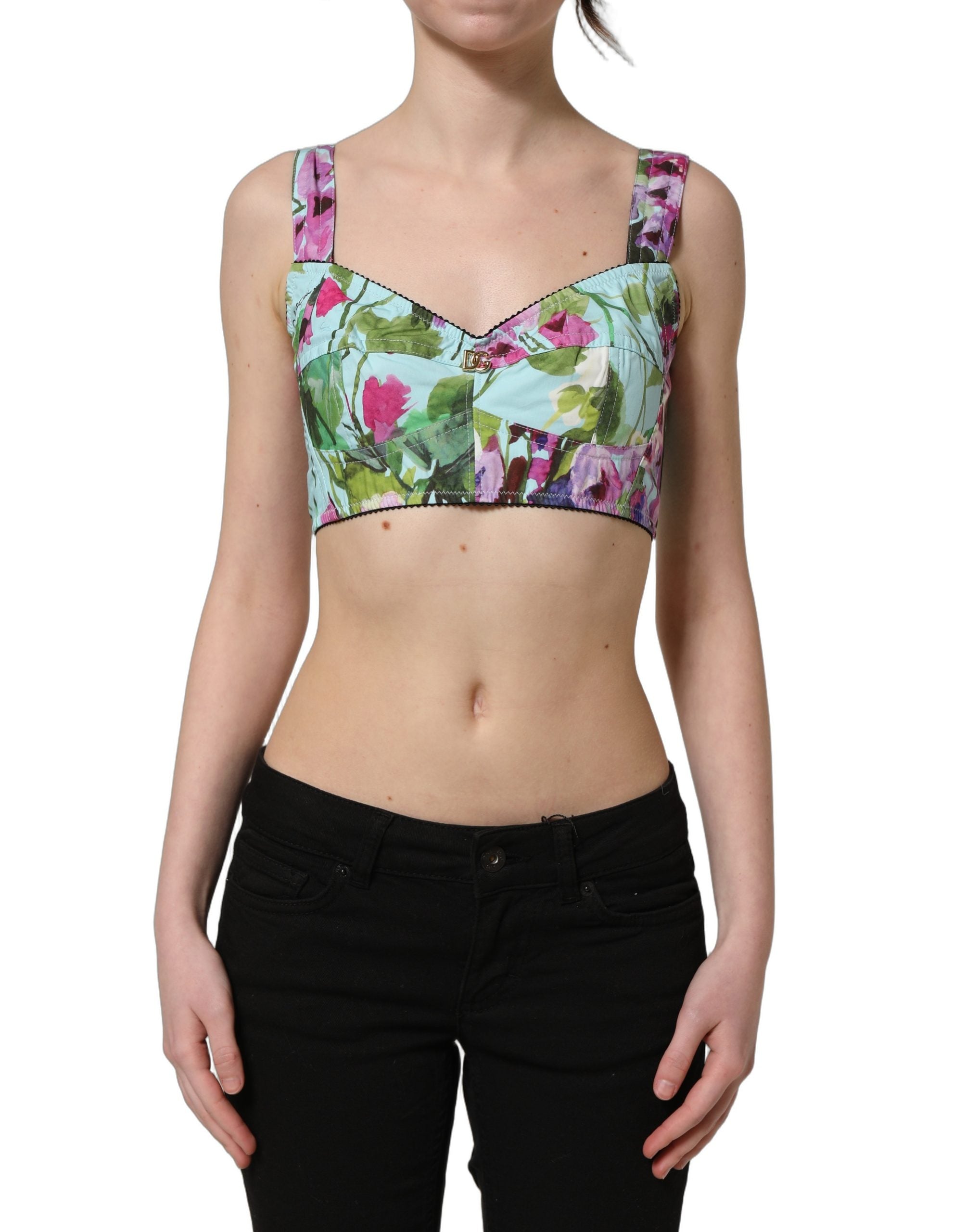 Top bustier court Dolce & Gabbana à motifs floraux multicolores, style cropped et tendance.