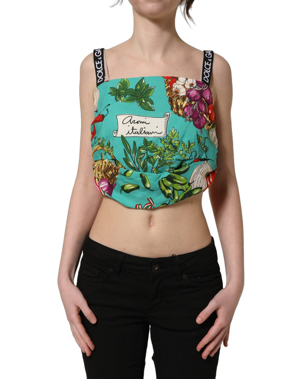 Top court en soie multicolore avec motif végétal de Dolce & Gabbana, coupe courte et élégante.