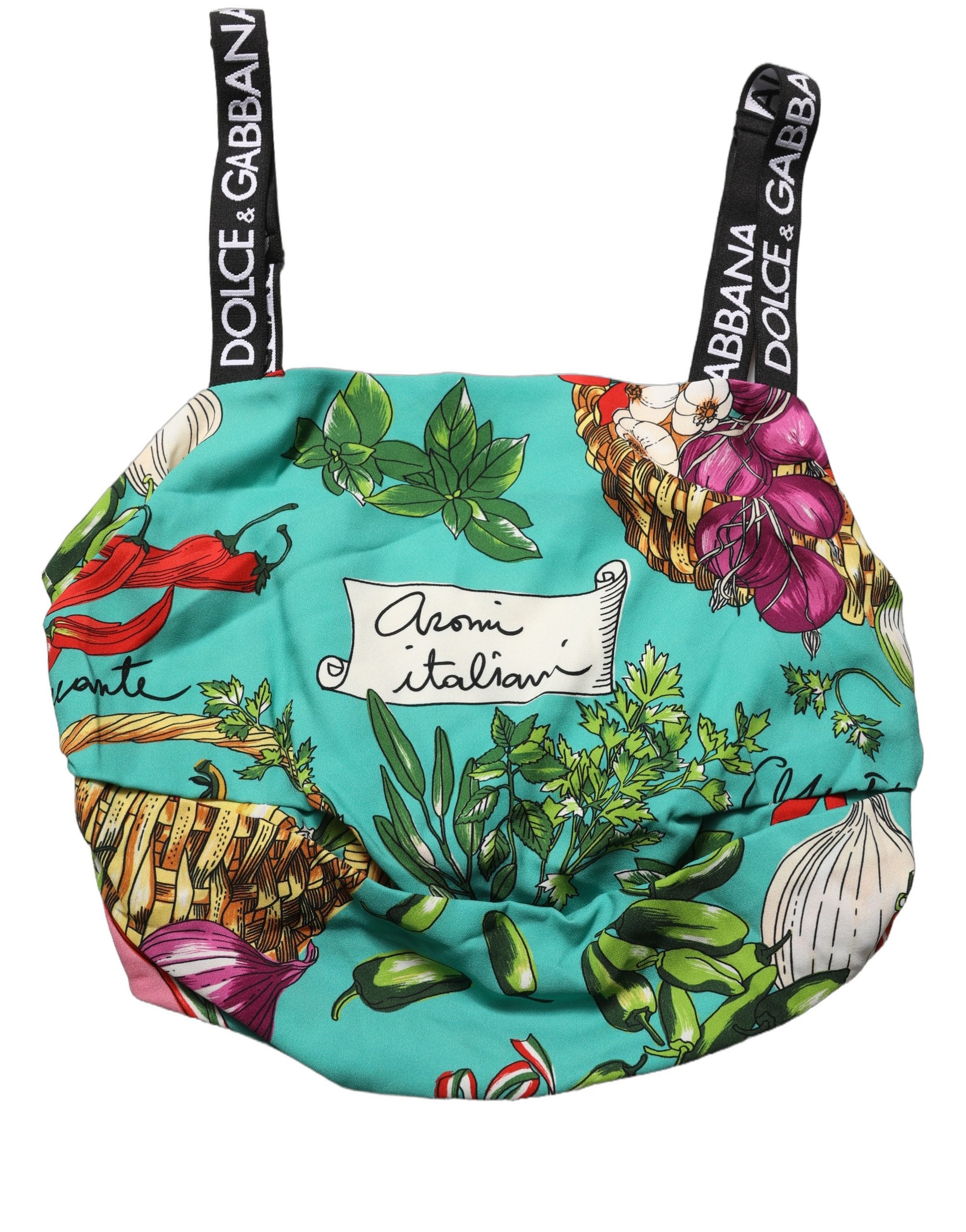 Top court en soie multicolore à imprimé végétal de Dolce & Gabbana, coupe courte, détails colorés et élégants.