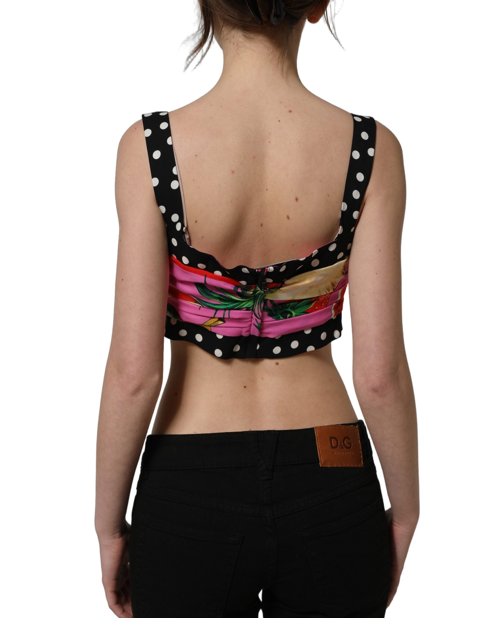 Corset crop top en soie multicolore de Dolce & Gabbana, ajusté avec détails élégants et fini sophistiqué.