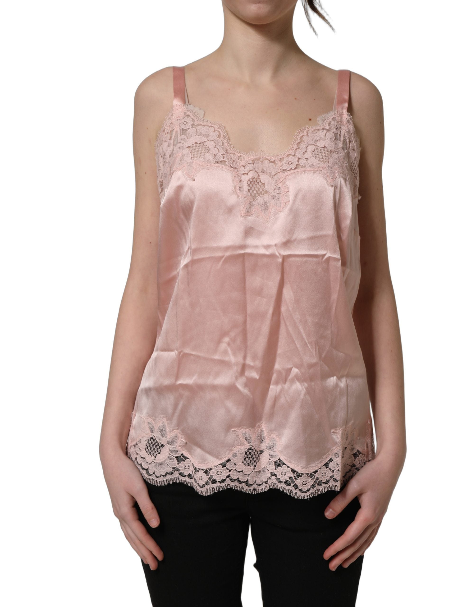Lingerie Dolce & Gabbana en dentelle rose clair avec motifs floraux, haut en fine dentelle élégante et délicate.