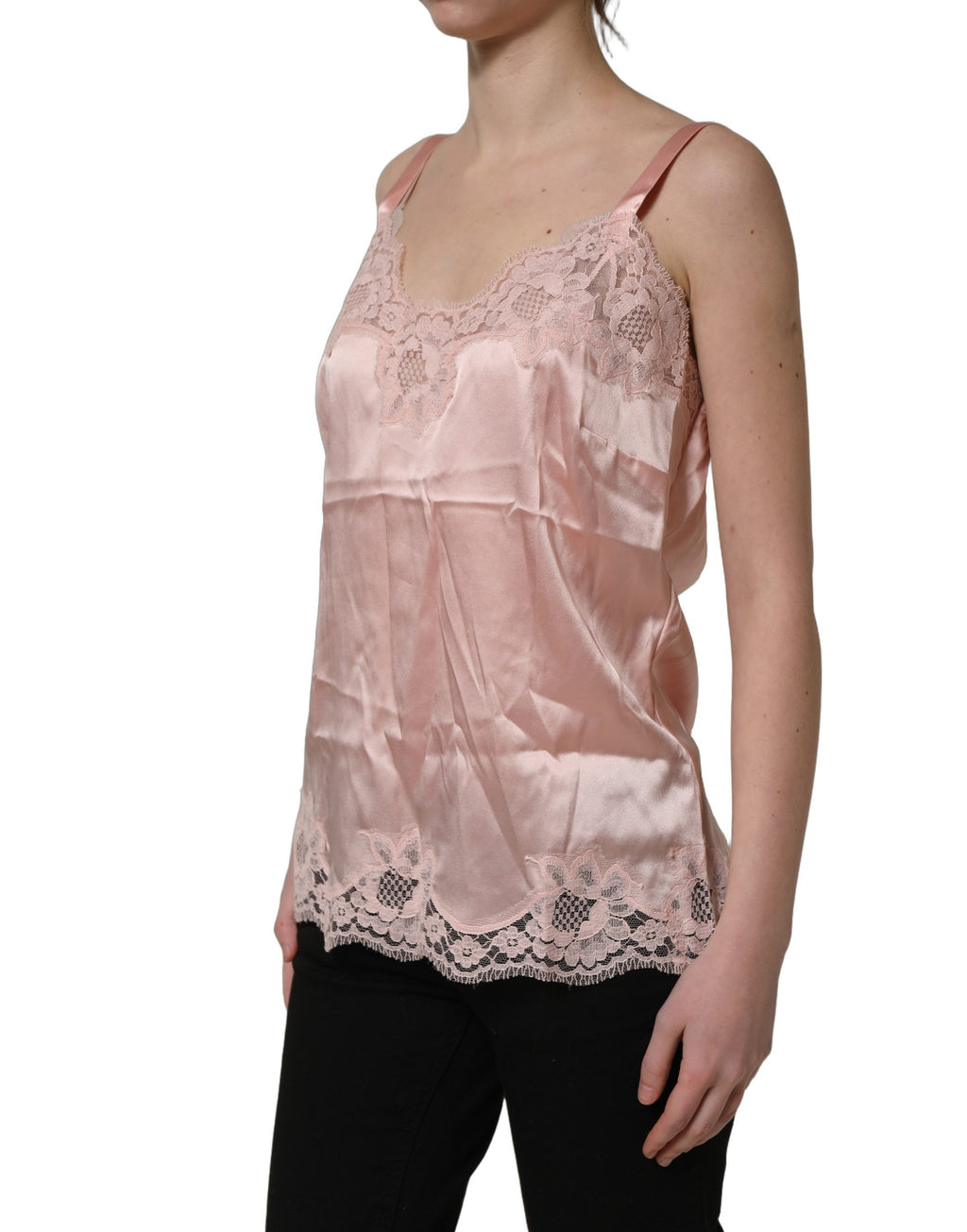 Sous-vêtement Dolce & Gabbana en dentelle rose clair avec motif floral, haut de lingerie élégant et féminin.