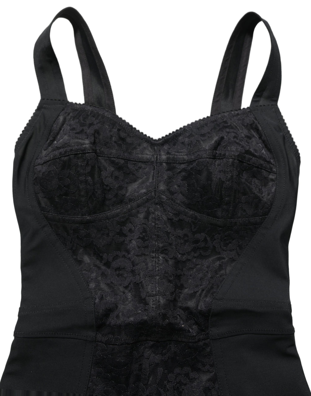 Corset-body Dolce & Gabbana noir en dentelle florale, ajusté et élégant, visible sur le mannequin.