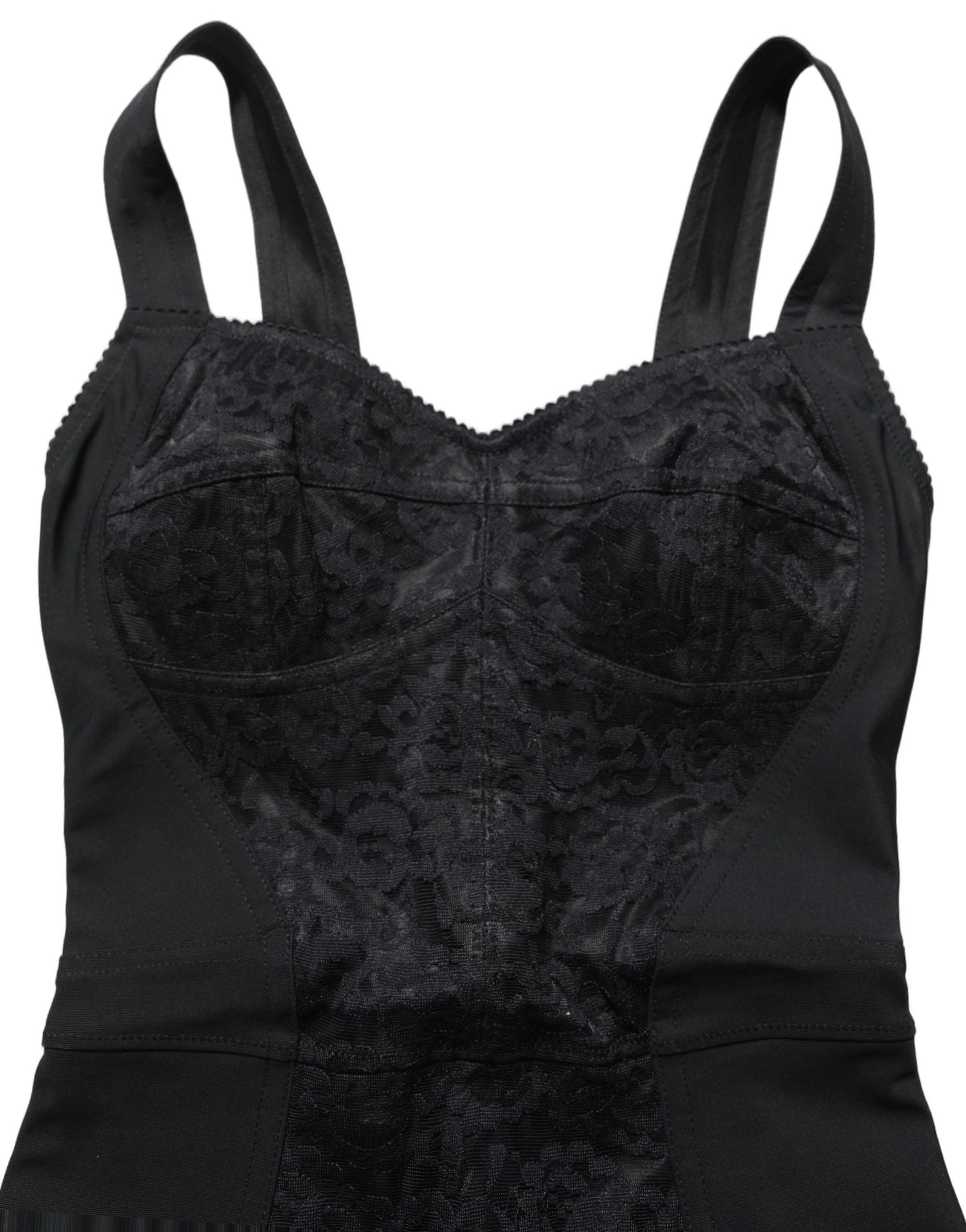 Corset-body Dolce & Gabbana noir en dentelle florale, ajusté et élégant, visible sur le mannequin.