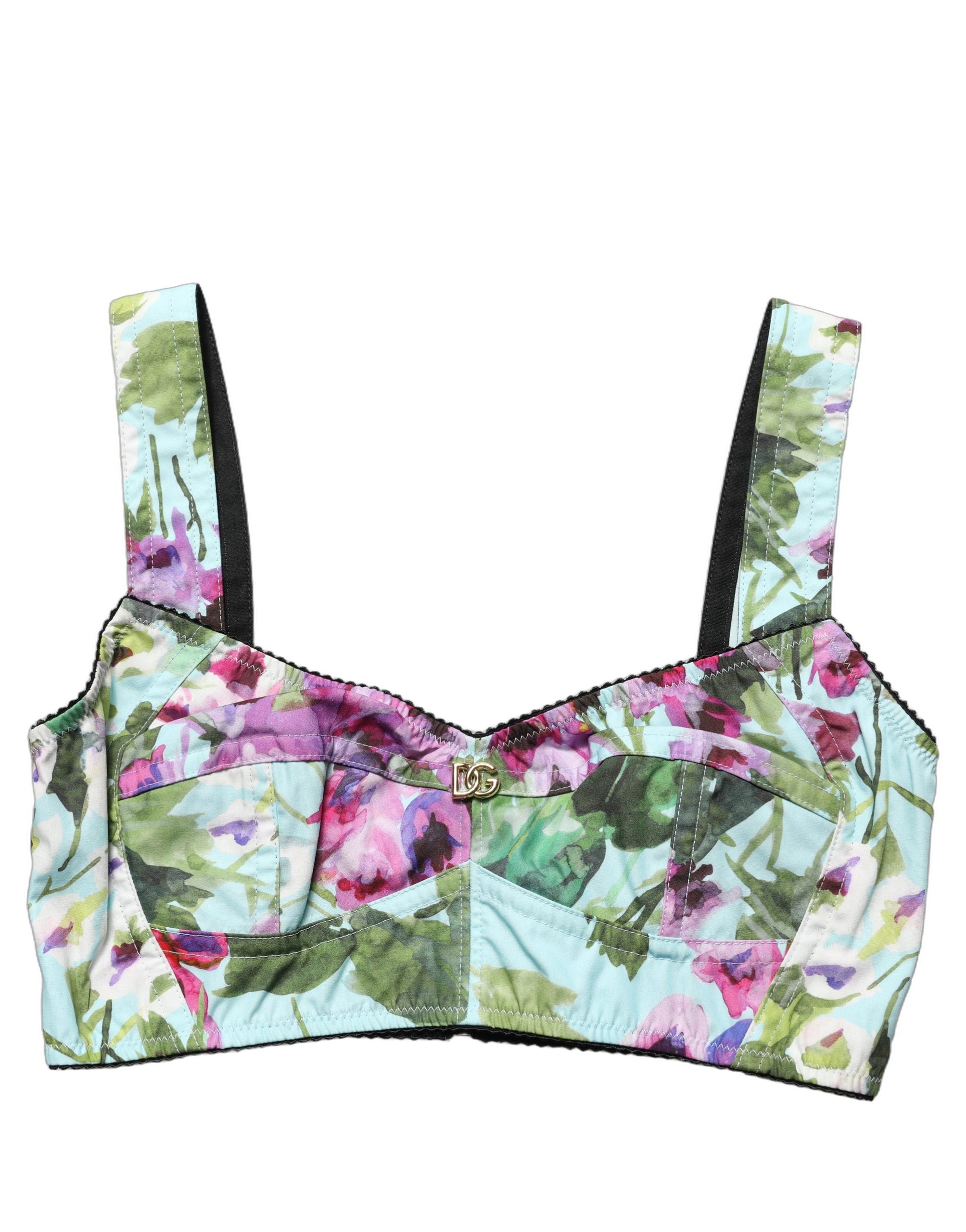 Top court Dolce & Gabbana à fleurs multicolores, bustier crop, en tissu léger avec motifs floraux vifs.