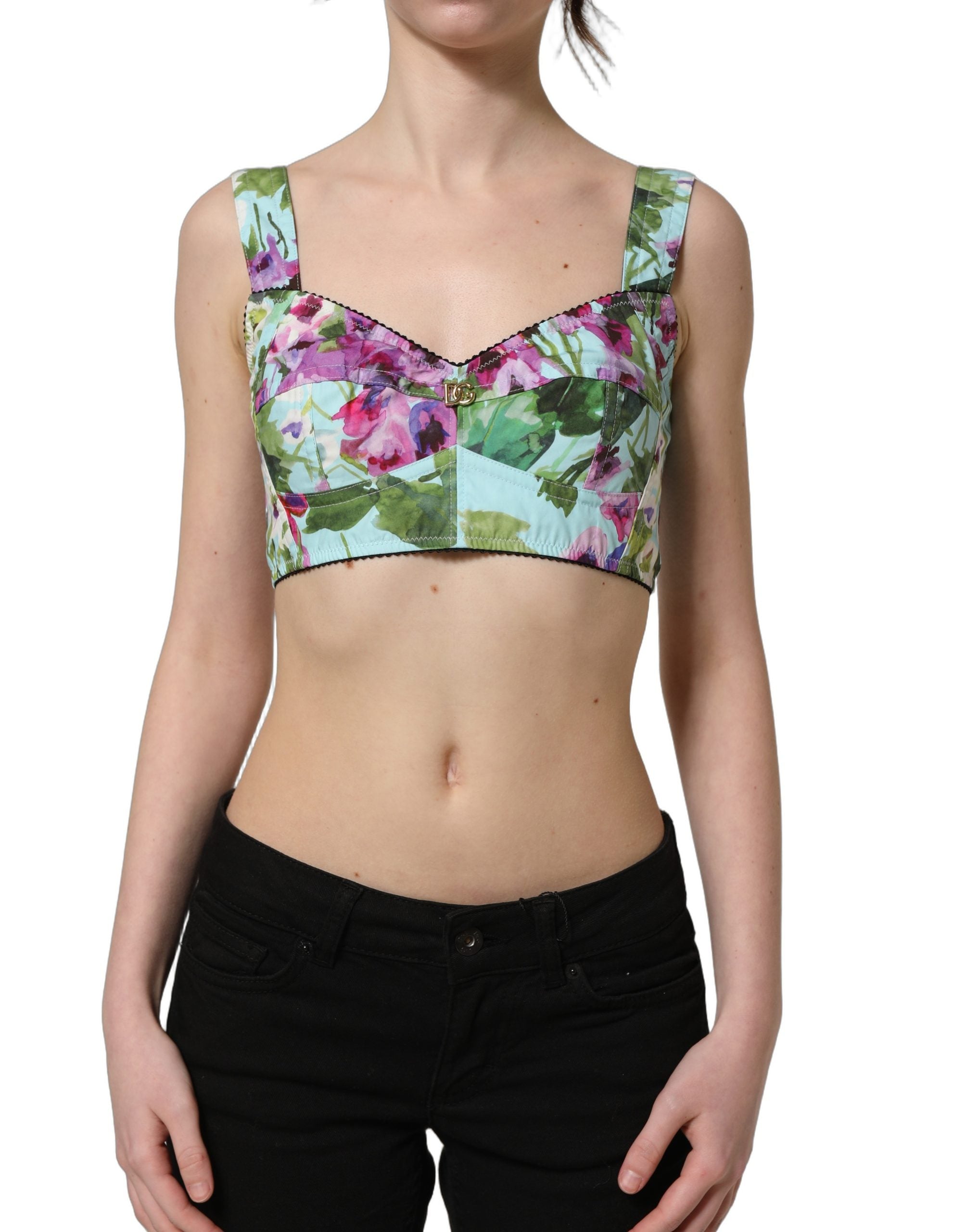 Débardeur court Dolce & Gabbana à fleurs multicolores, bustier crop top en tissu léger avec motif floral vibrant.