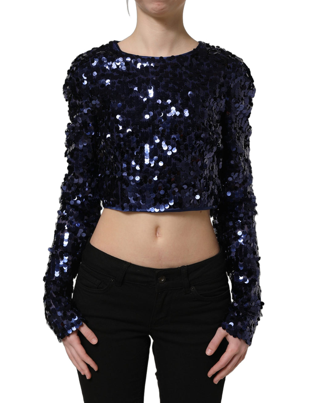 Chemise courte Dolce & Gabbana à manches longues avec sequins bleus, top élégant en satin pour femmes.