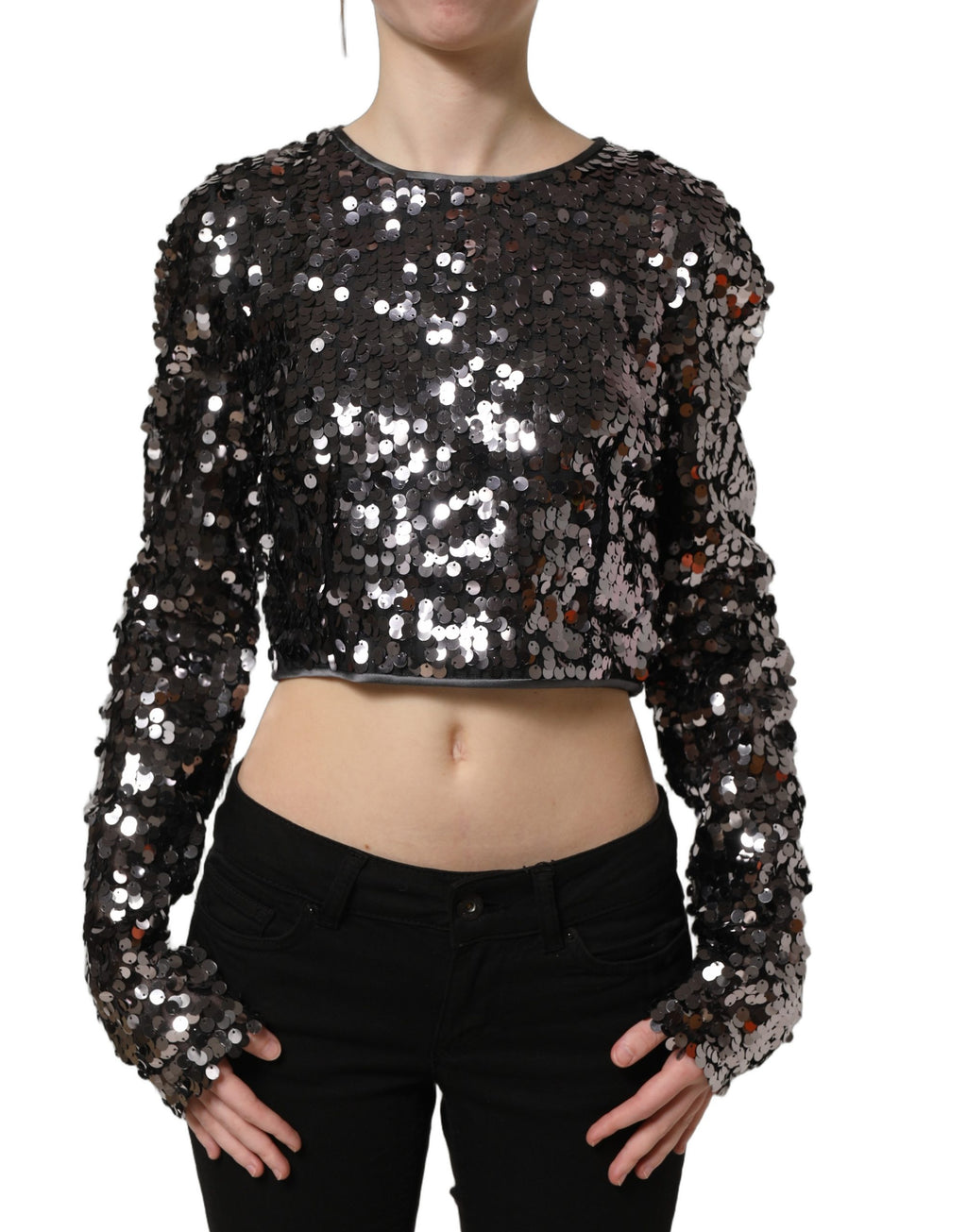Haut court noir à sequins Dolce & Gabbana avec longues manches, élégant et brillant, pour un style sophistiqué.
