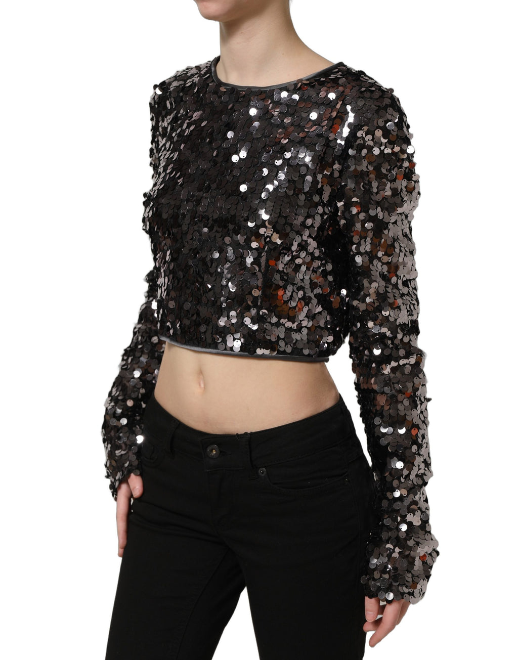 Haut crop à manches longues en sequins noirs de Dolce & Gabbana, élégante blouse de soirée pour femme