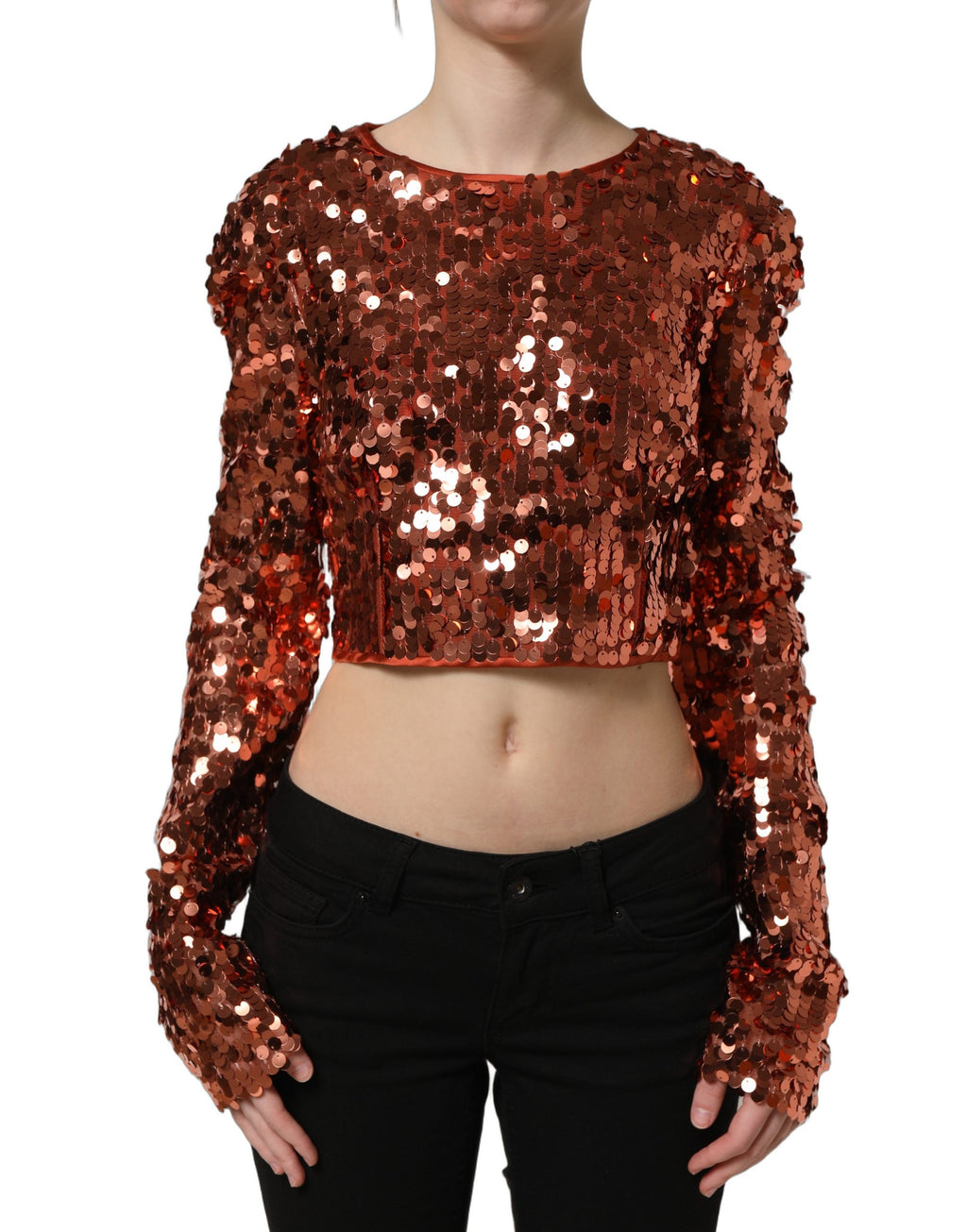 Blouse courte rouge à sequins Dolce & Gabbana à manches longues, look élégant et brillant, vue de face.