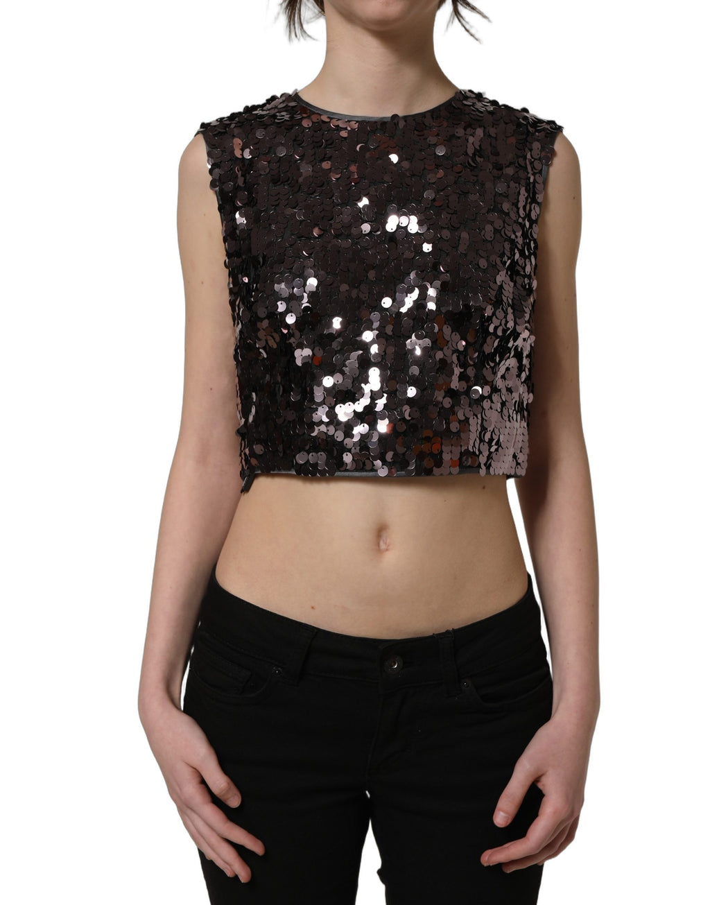 Débardeur sans manches violette Dolce & Gabbana avec sequins, coupe courte et détail brillant visible sur l'image.
