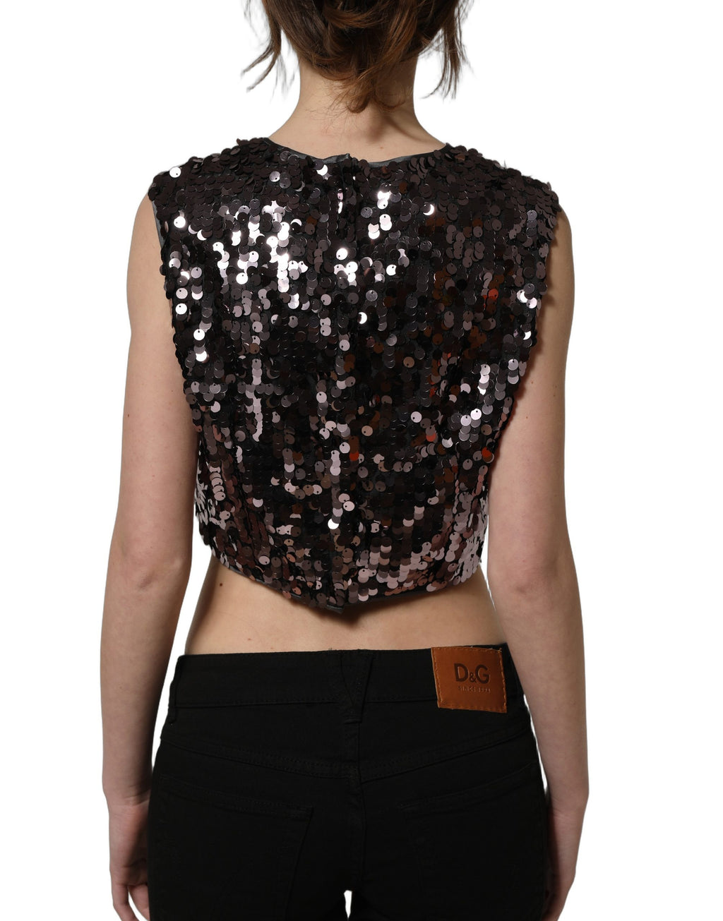 Top court sans manches en sequins violets de Dolce & Gabbana, coupe courte et style tendance, idéal pour un look élégant.