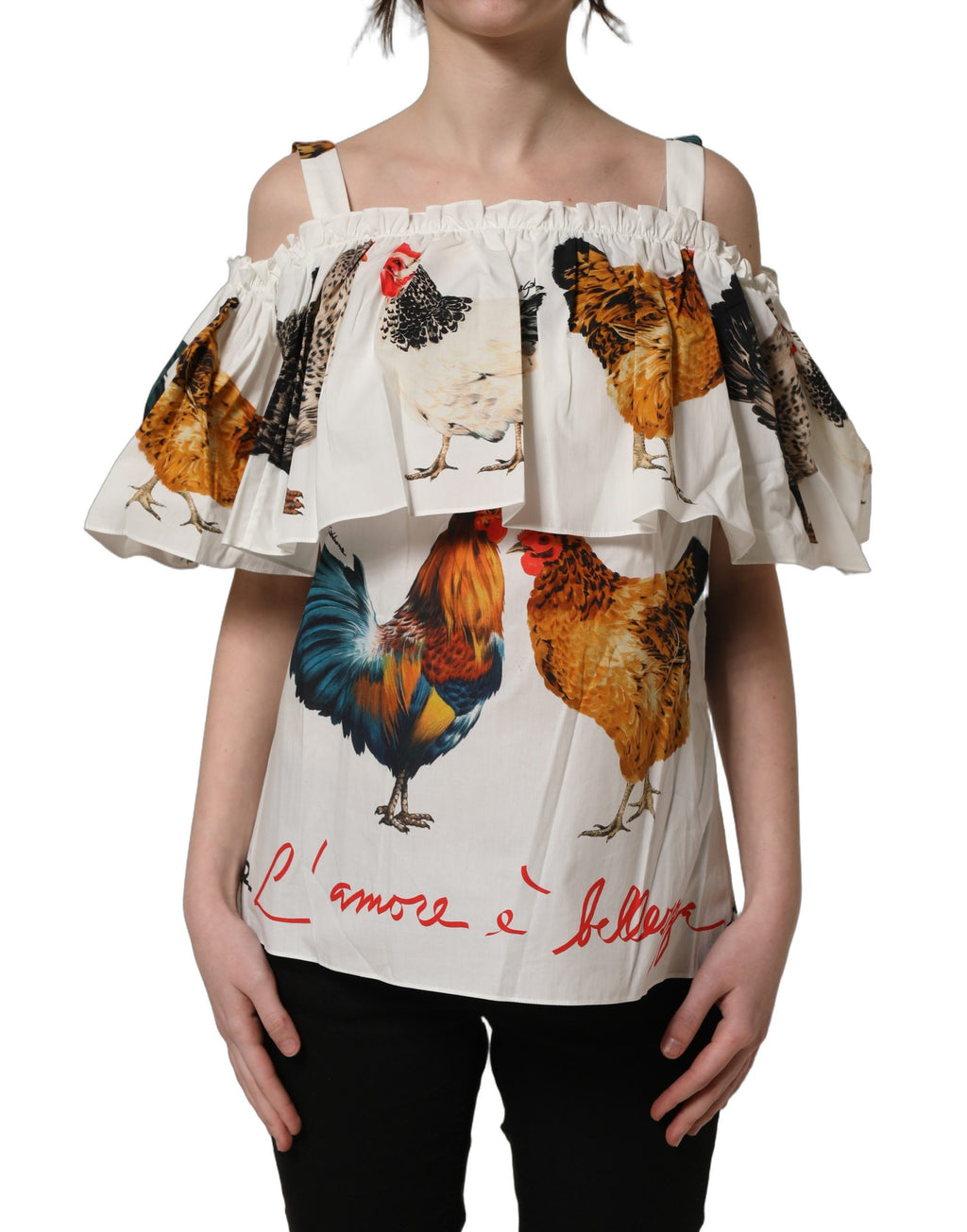 Dolce & Gabbana Weißes Popeline Off-Shoulder-Top mit Hahnen-Print