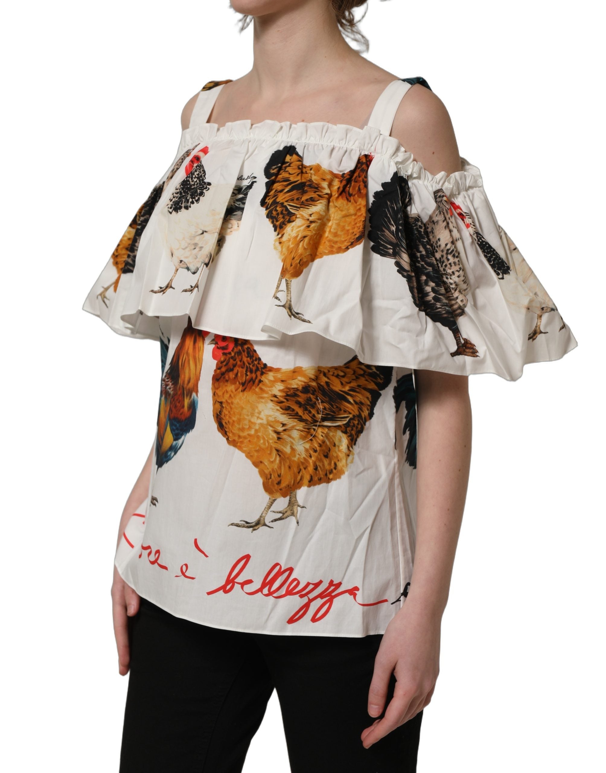 Dolce & Gabbana Weißes Popeline Off-Shoulder-Top mit Hahnen-Print