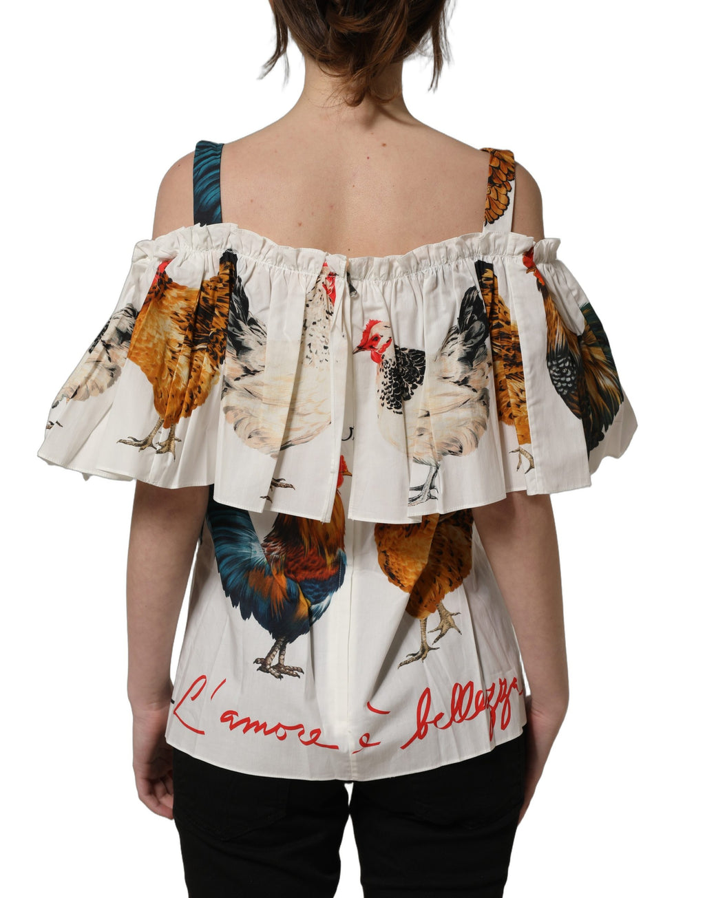 Dolce & Gabbana Weißes Popeline Off-Shoulder-Top mit Hahnen-Print