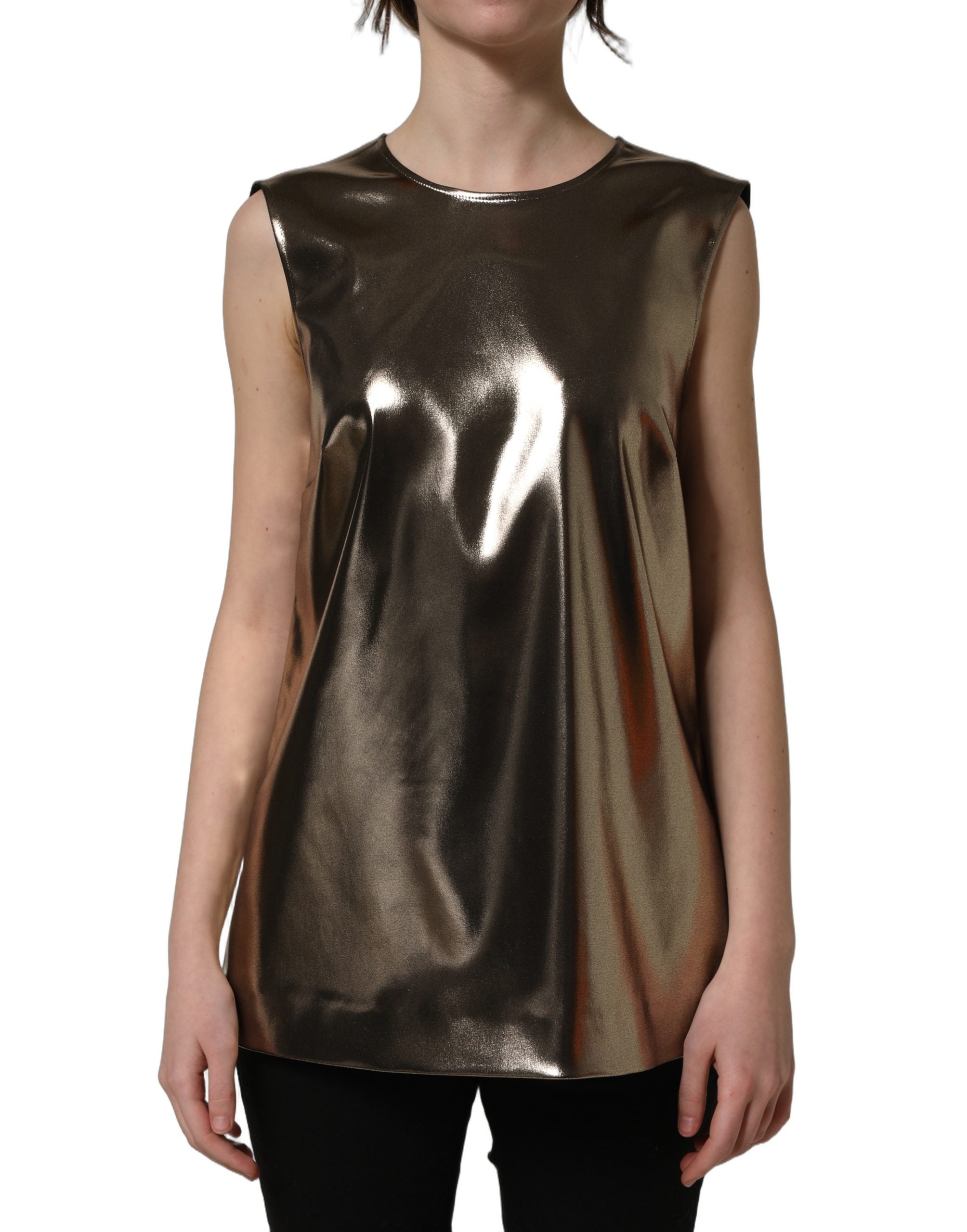 Débardeur sans manches en bronze métallique Dolce & Gabbana, col rond, style élégant et moderne.