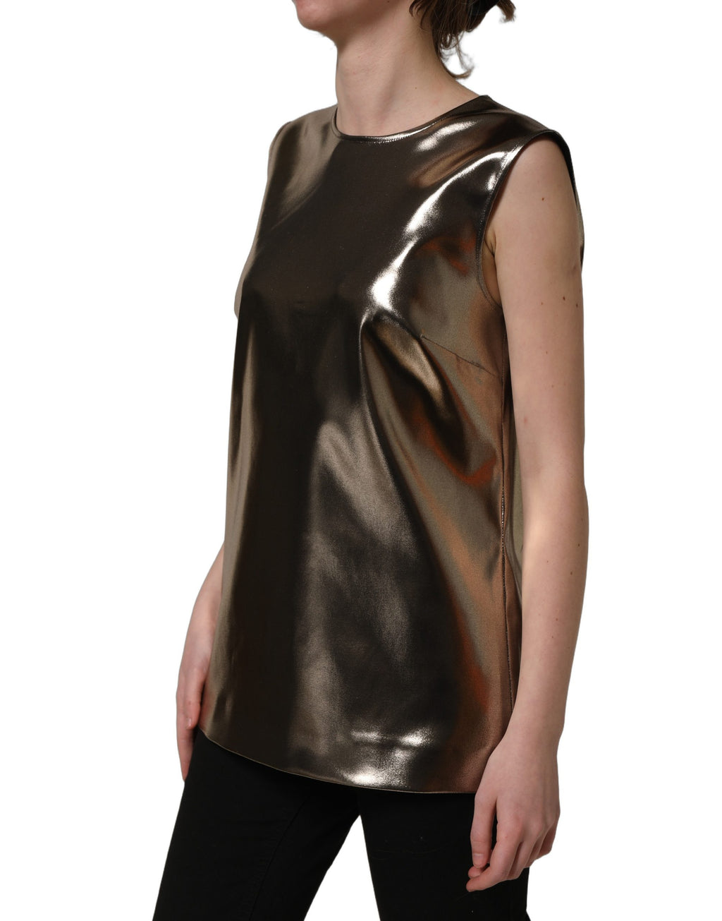 Débardeur sans manches en bronze métallique avec col rond de Dolce & Gabbana, mode élégante et moderne.