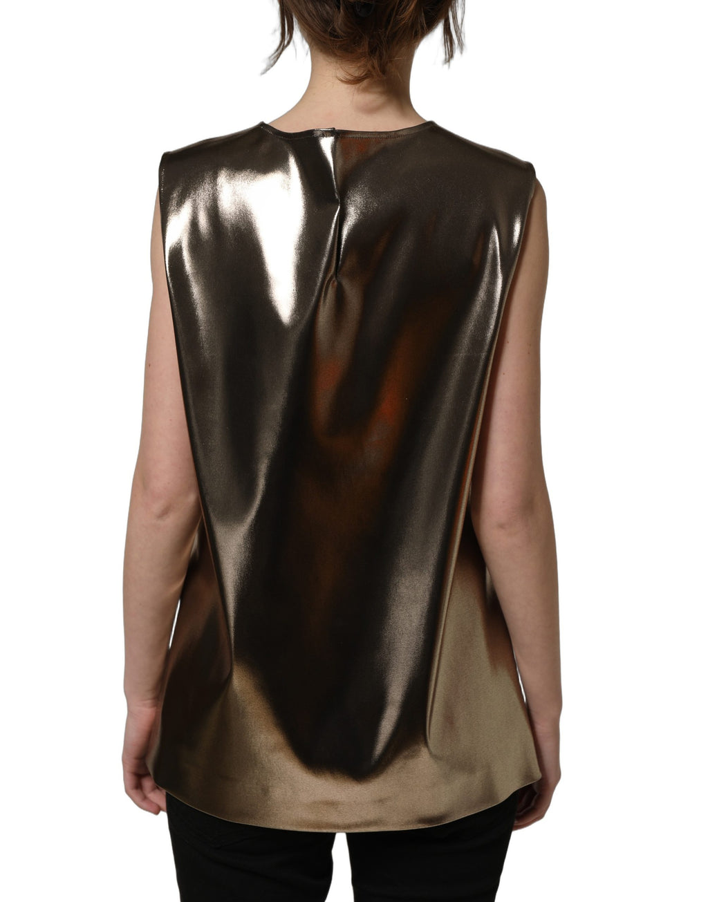 Débardeur sans manches en bronze métallique avec col rond de Dolce & Gabbana, style élégant et moderne, visible en gros plan.