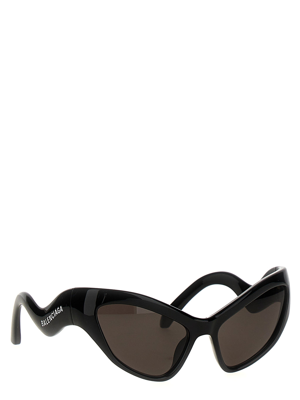Lunettes de soleil noires en nylon de Balenciaga, avec monture épaisse et design moderne, vues de face.