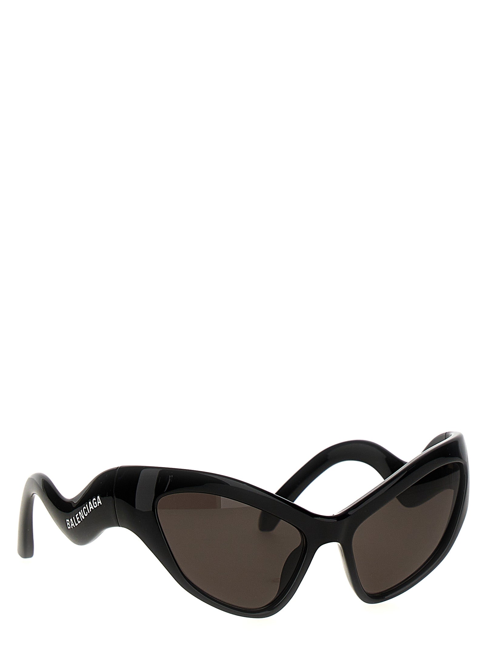 Lunettes de soleil noires en nylon de Balenciaga, avec monture épaisse et design moderne, vues de face.