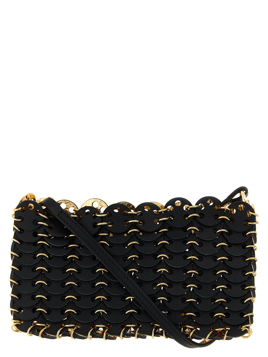 Sac bandoulière en cuir de veau noir de Paco Rabanne, avec détails modernes et finition élégante.