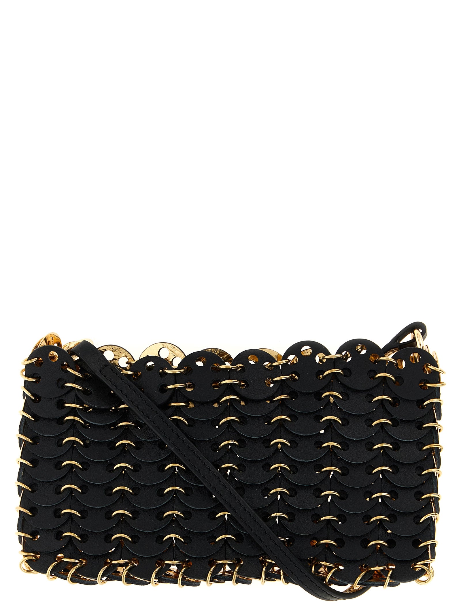 Sac bandoulière en cuir de veau noir de Paco Rabanne, avec détails modernes et finition élégante.