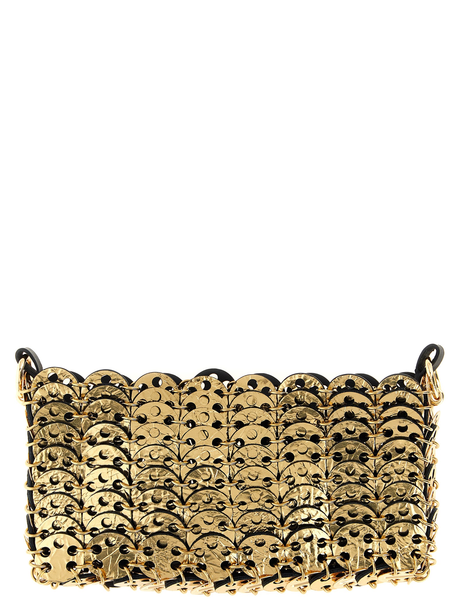 Sac bandoulière en cuir de veau noir de Paco Rabanne, style élégant et moderne, avec détails en métal.