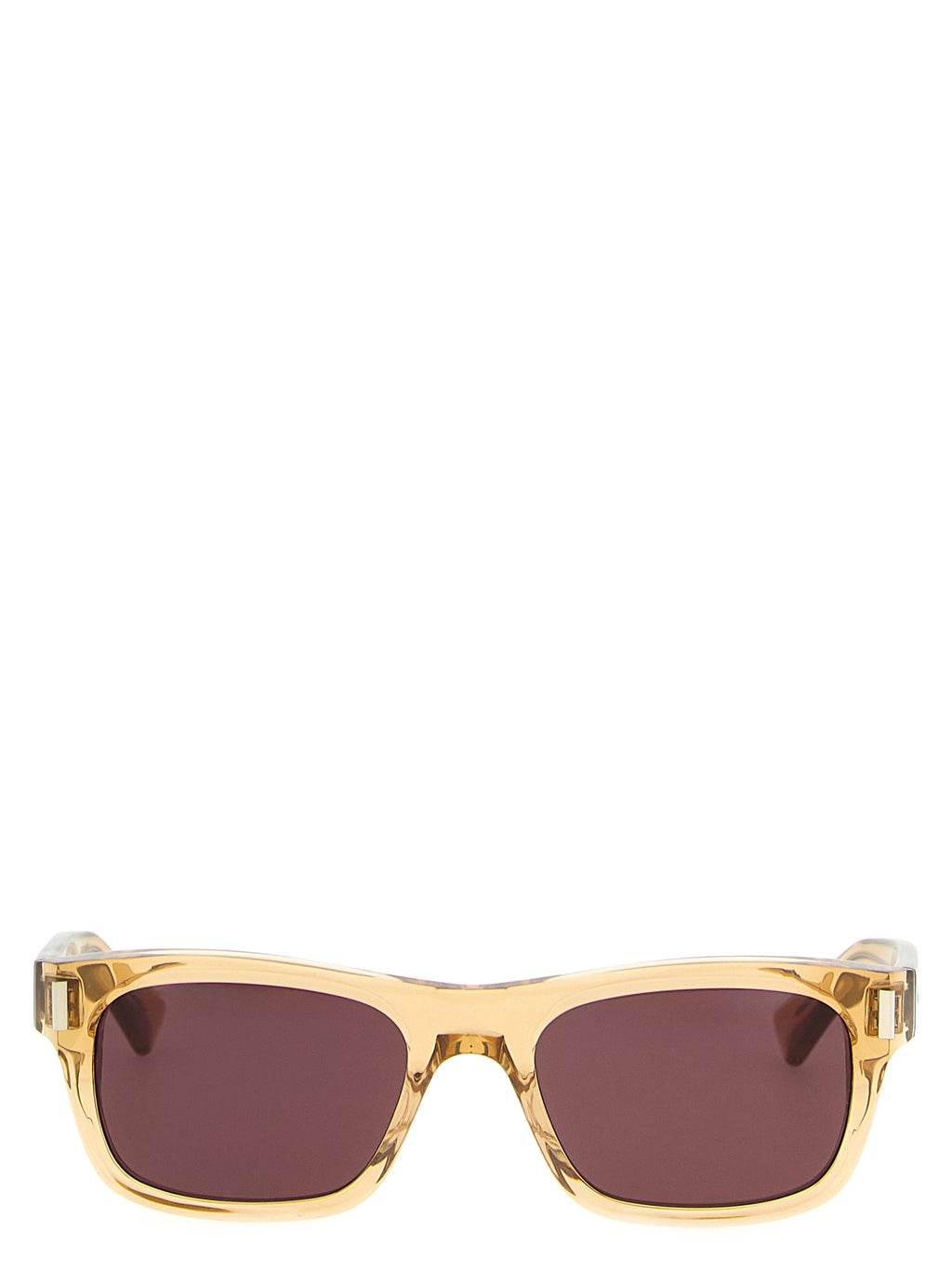 Lunettes de soleil Saint Laurent beige en acétate, mode élégante avec monture incurvée et verres teintés, pour un style sophistiqué.