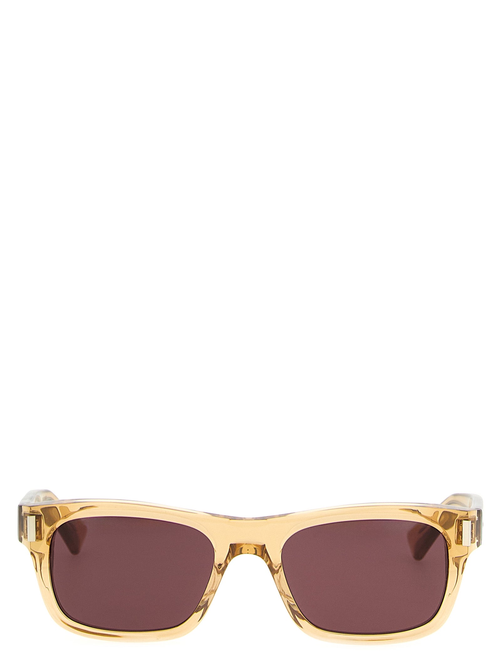 Lunettes de soleil Saint Laurent beige en acétate, mode élégante avec monture incurvée et verres teintés, pour un style sophistiqué.