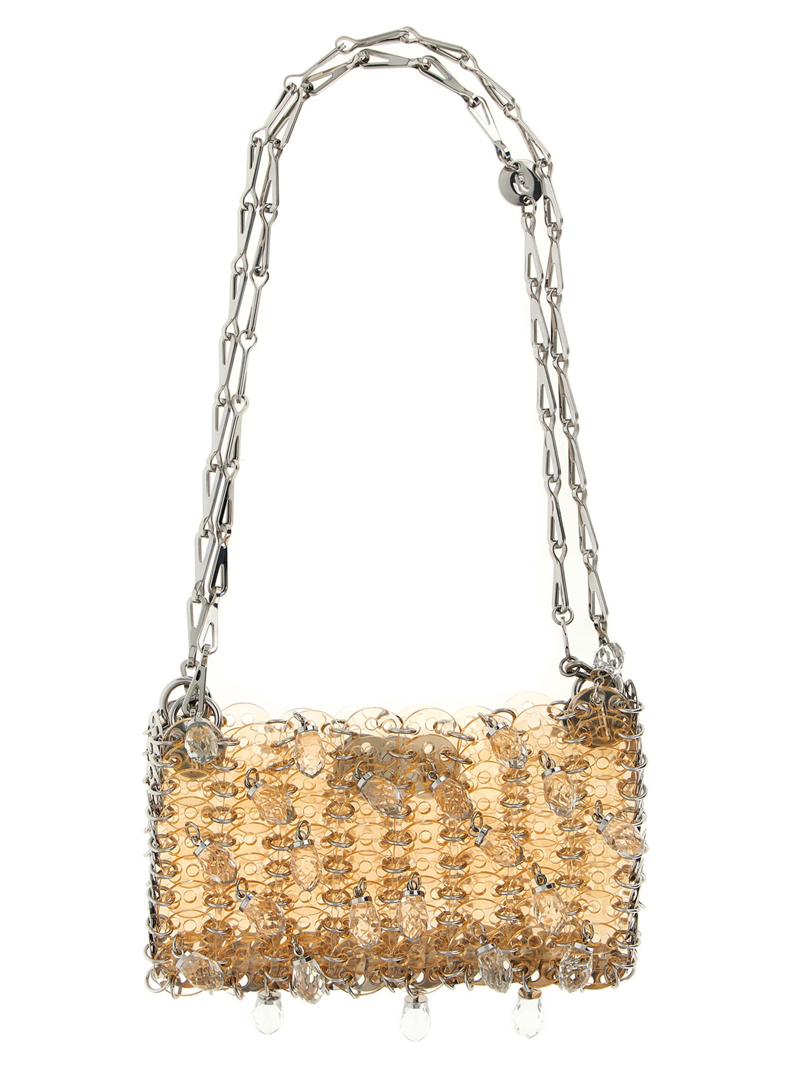 Sac à épaules multicolore en plexiglas de Paco Rabanne, design moderne et élégant, visible sous différents angles.