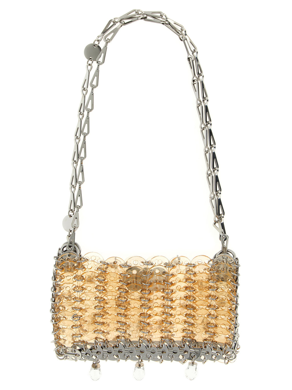 Sac à épaules multicolore en plexiglas de Paco Rabanne, design moderne et transparent, avec poignées élégantes et détails colorés.