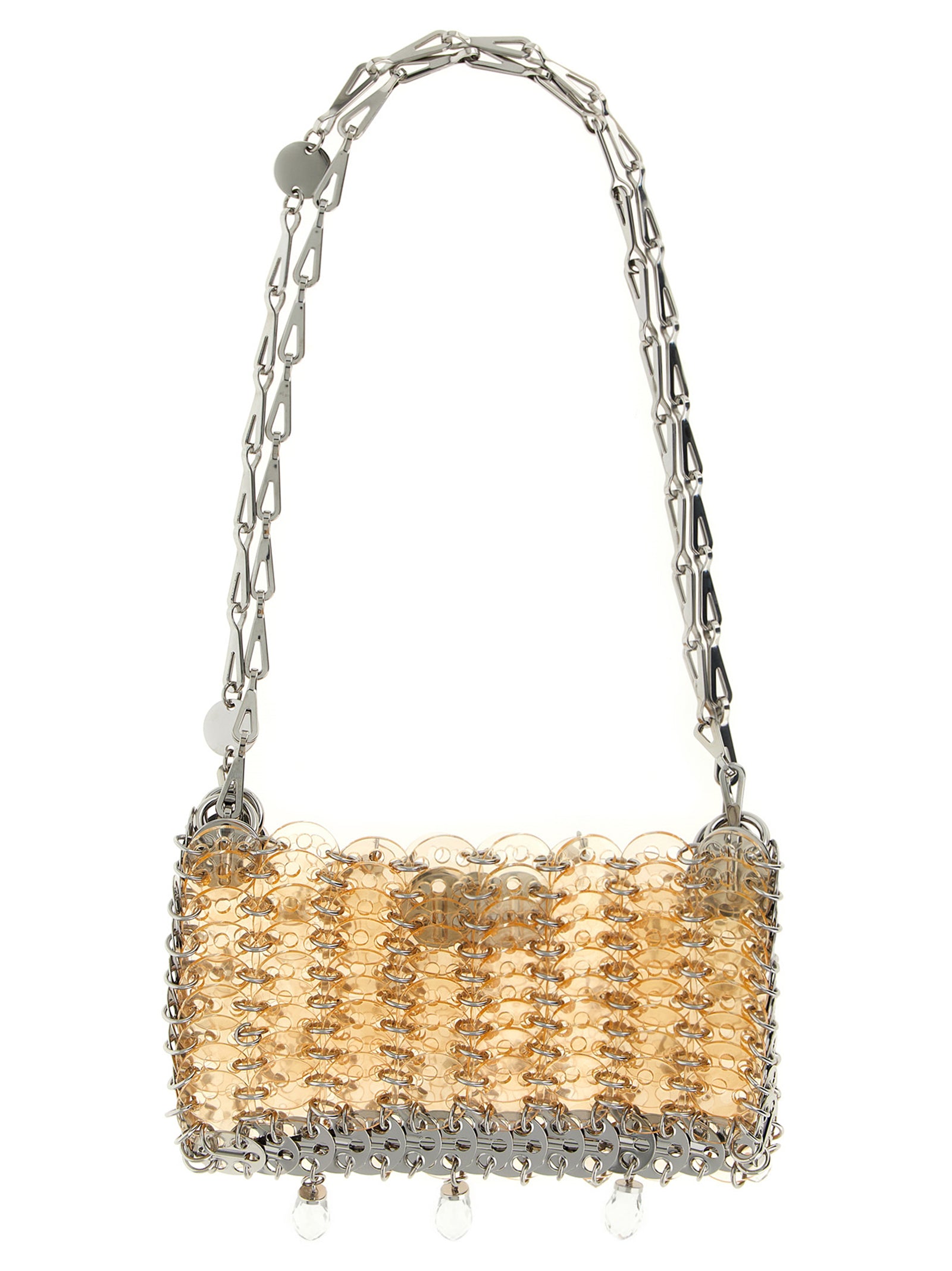 Sac à épaules multicolore en plexiglas de Paco Rabanne, design moderne et transparent, avec poignées élégantes et détails colorés.