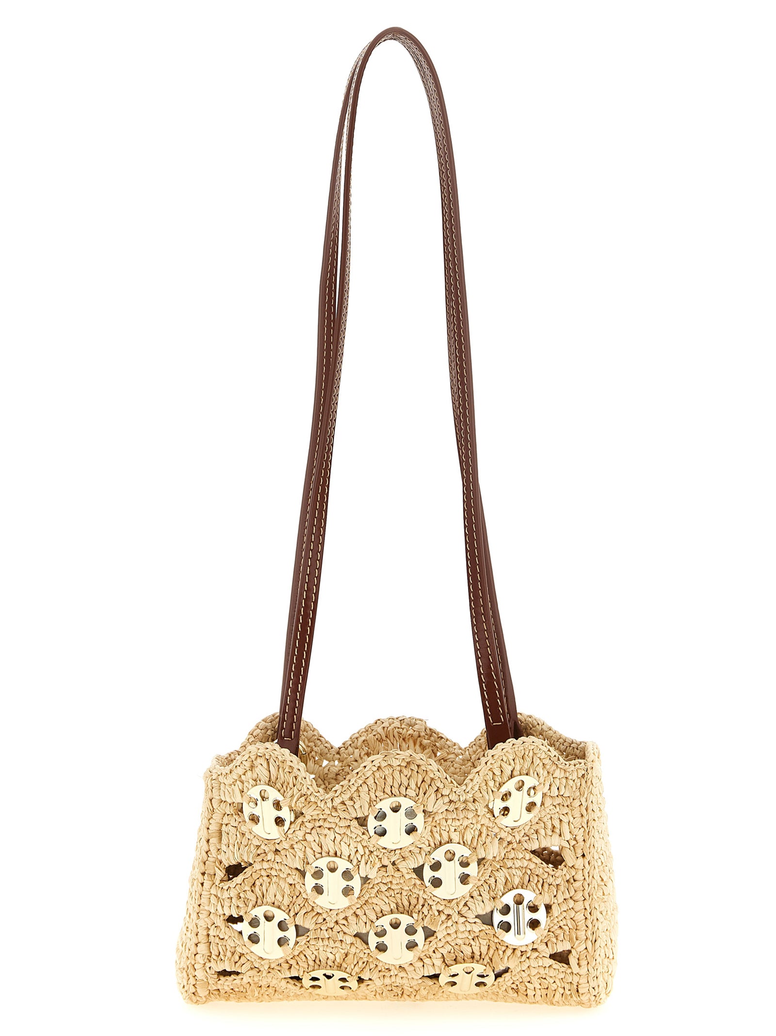 Sac beige en ramie de Paco Rabanne avec bandoulière, élégant et texturé, parfait pour un style chic et tendance.