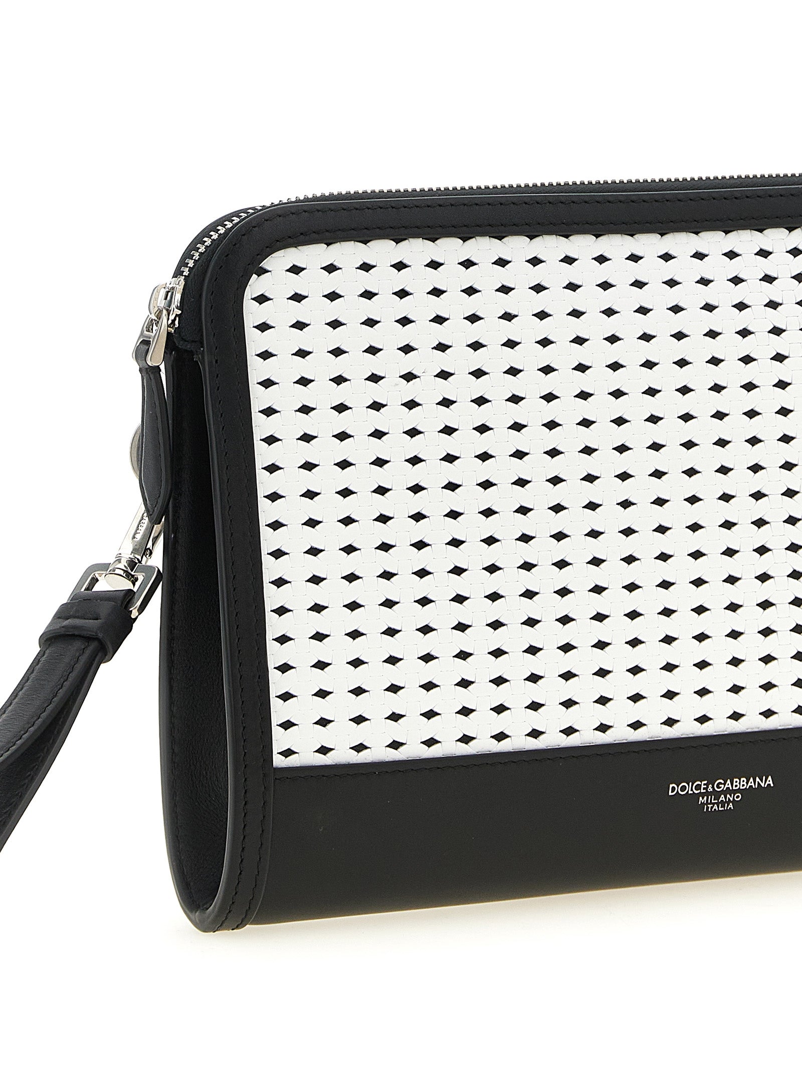 Sac clutch Dolce & Gabbana en cuir bicolore pour femme, avec détails élégants et finition soignée.