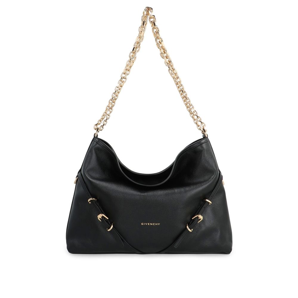 Sac à épaule Givenchy en cuir de veau noir, design élégant avec détails sophistiqués, parfait pour un style chic et moderne.