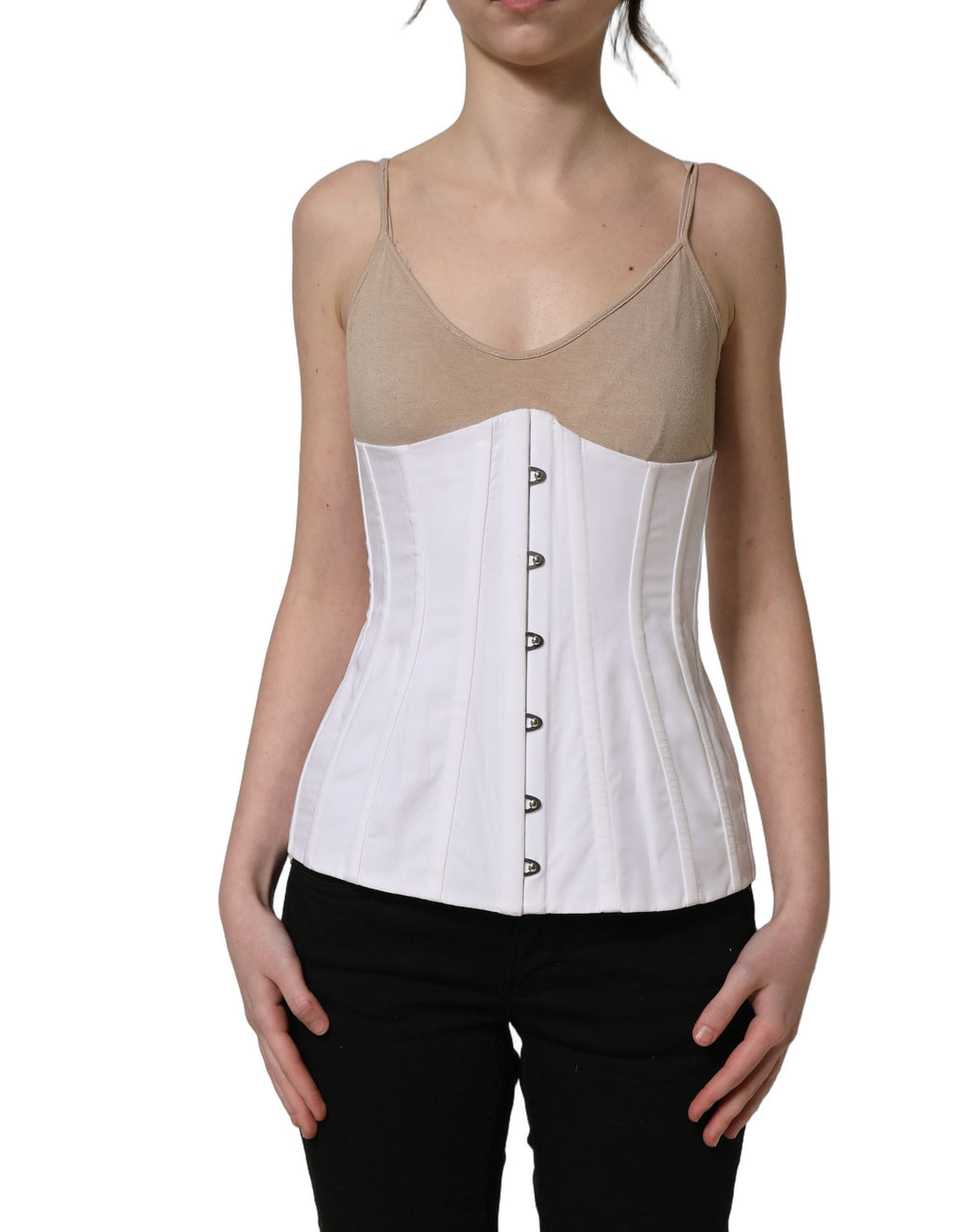 Corset sans manches Dolce & Gabbana en coton blanc et marron, ajusté, avec détails élégants visible sur l'image.