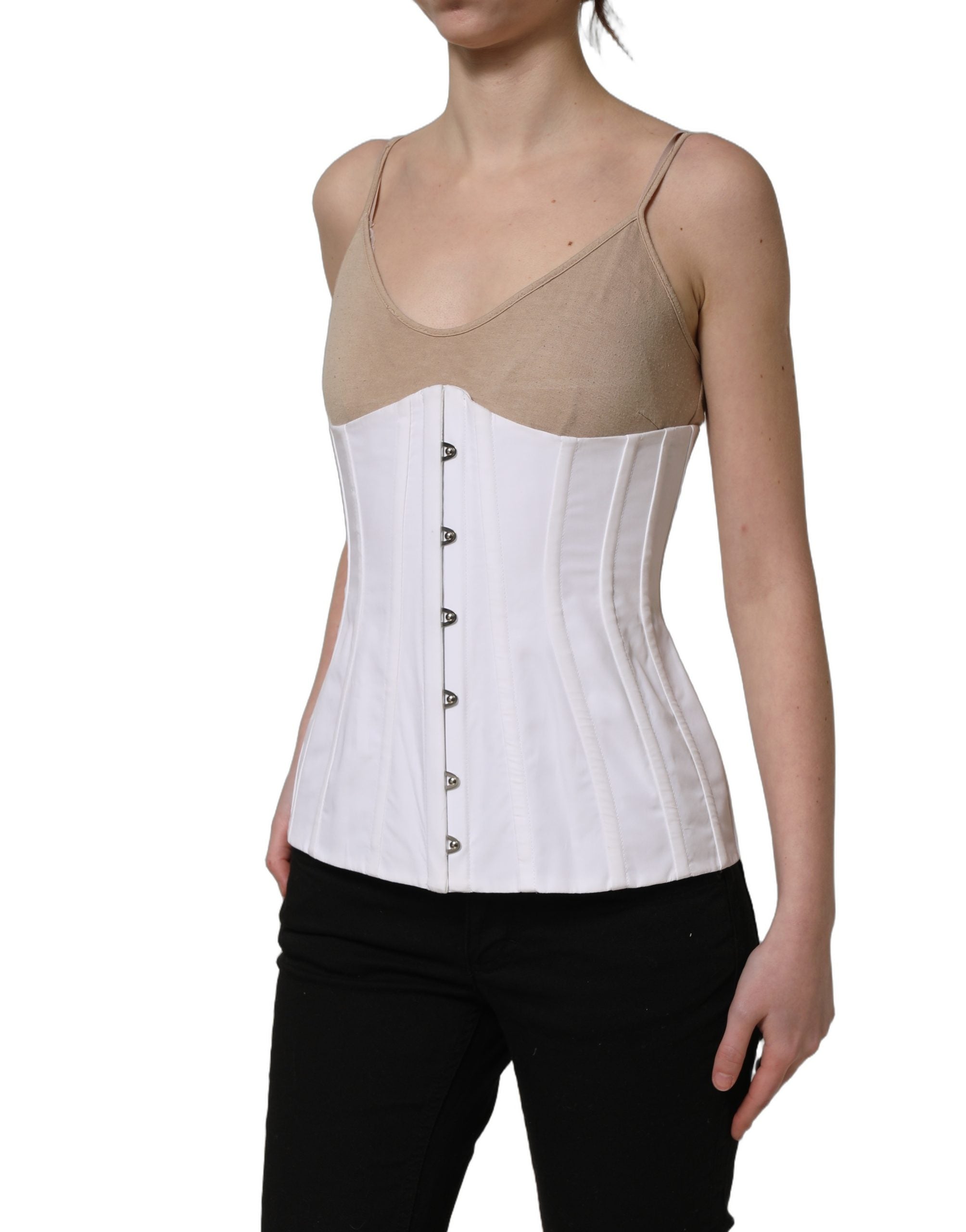 Corset sans manches Dolce & Gabbana en coton blanc et marron, ajusté, avec détails élégants, parfait pour un style sophistiqué.