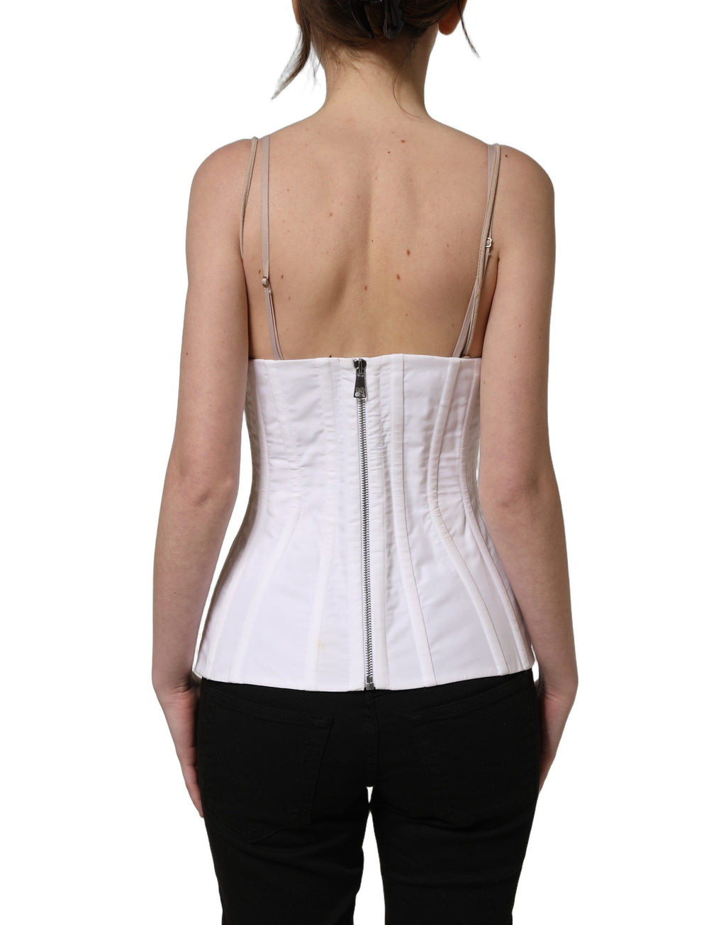Top corset sans manches Dolce & Gabbana en coton blanc et marron, ajusté et élégant, visible sur cette image.
