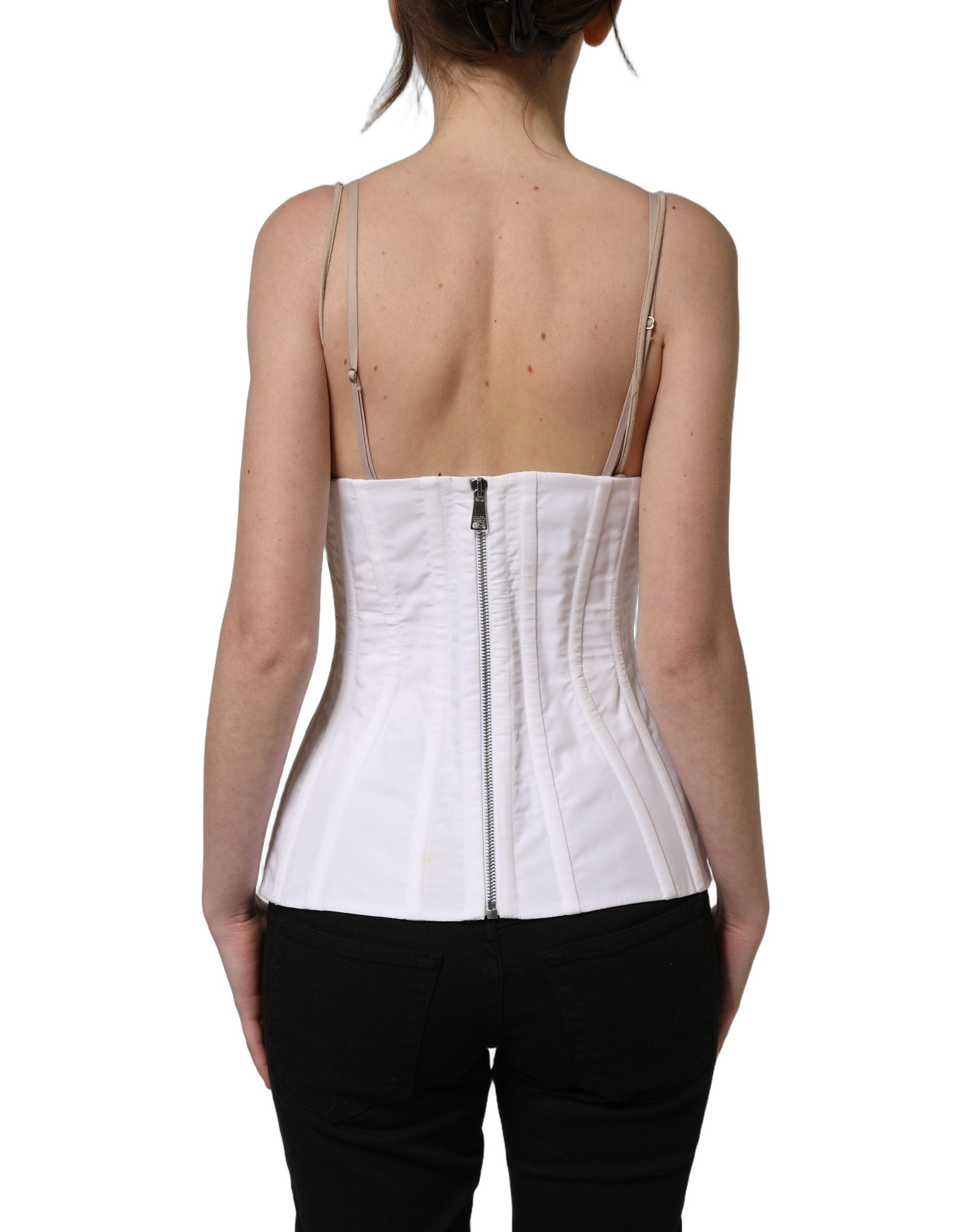 Top corset sans manches Dolce & Gabbana en coton blanc et marron, ajusté et élégant, visible sur cette image.