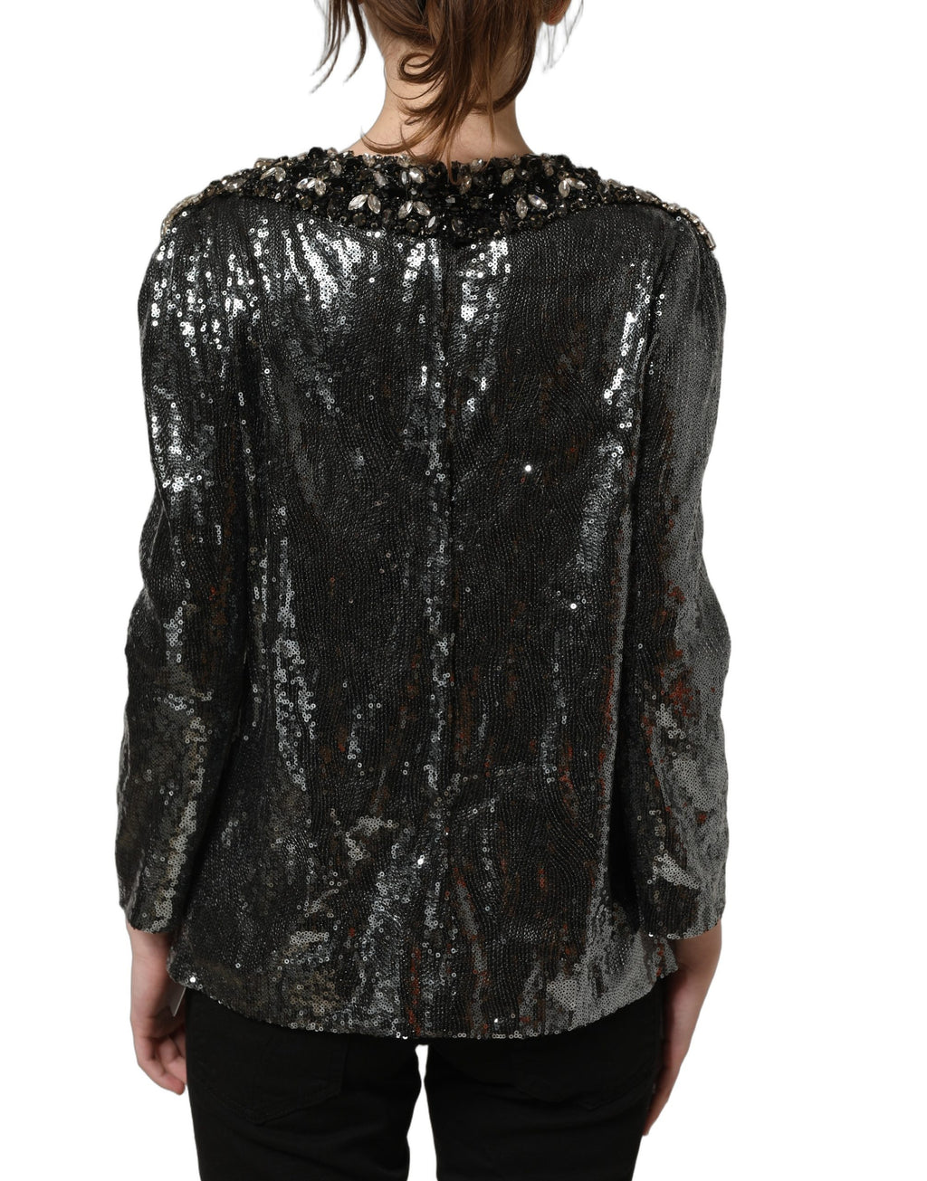 Chemise Dolce & Gabbana en sequins gris métallisé, haut élégant avec embellissements brillants.