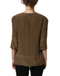 Blouse en soie marron Dolce & Gabbana avec motif clés et roses, style élégant et imprimé floral sophistiqué.