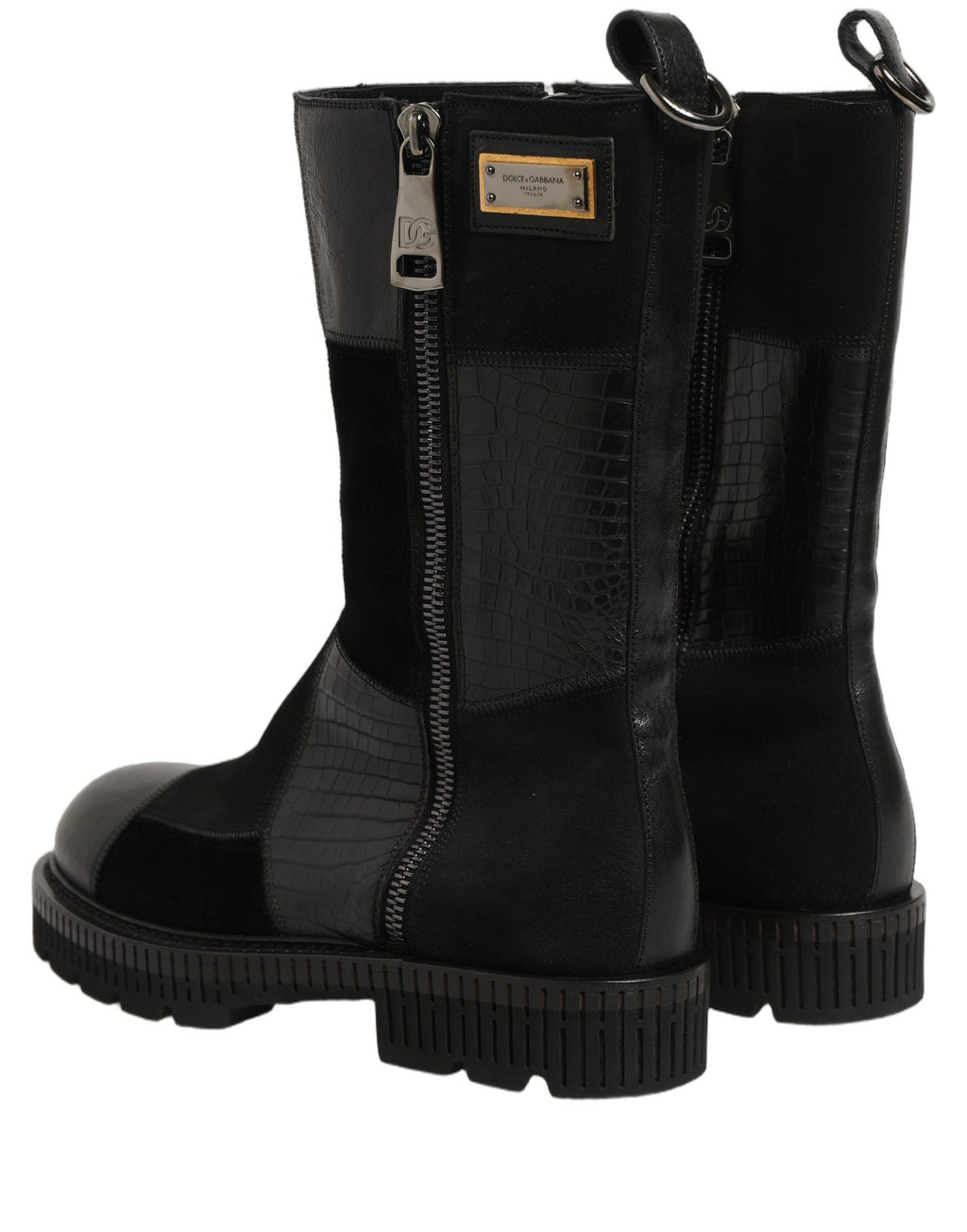 Bottes en cuir patchwork noir de mi-mollet, chaussures Dolce & Gabbana avec design sophistiqué et détails élégants.